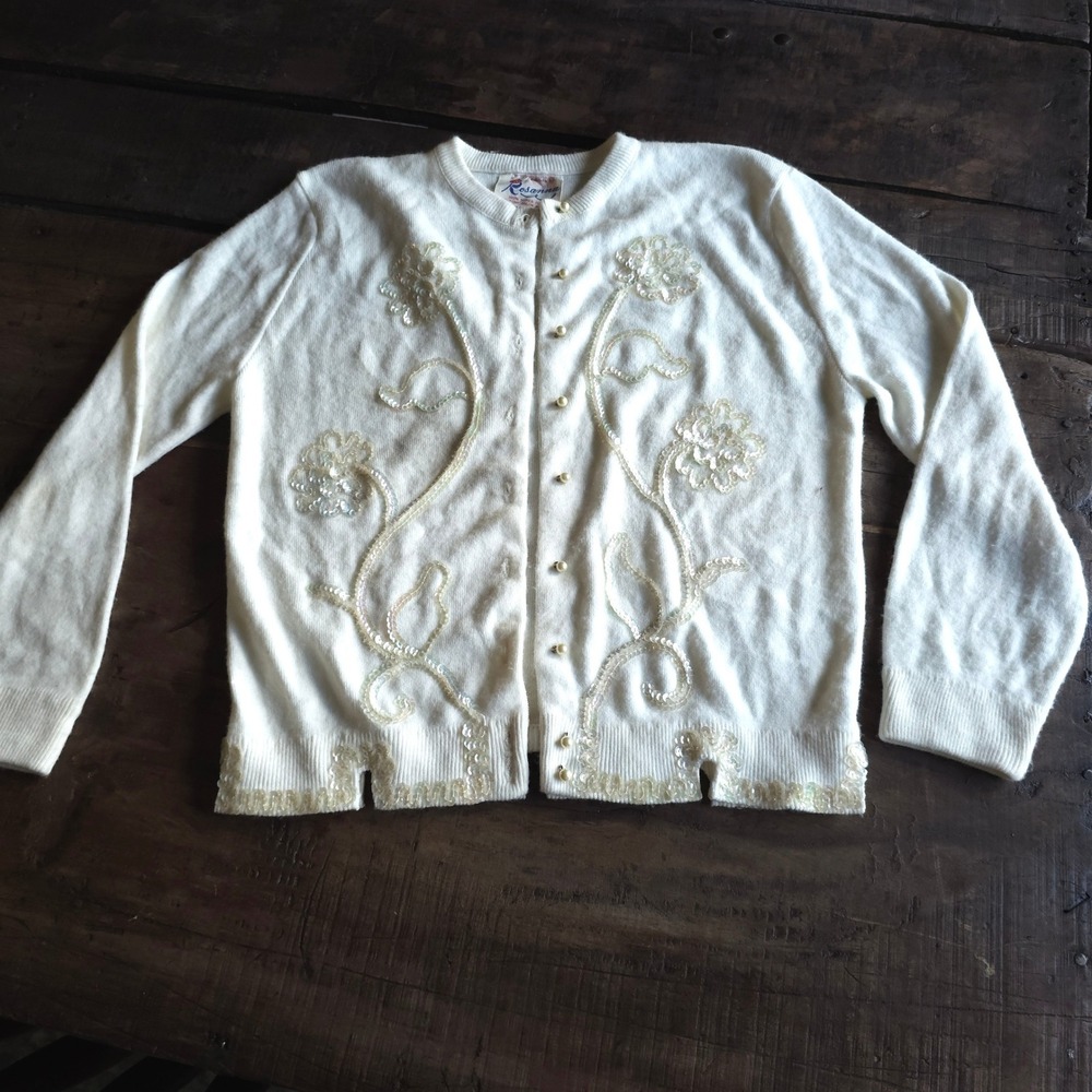 Vintage Rosanna Sequin Floral Cardigan Cream Pearl Button Orlon 1950s Sweater